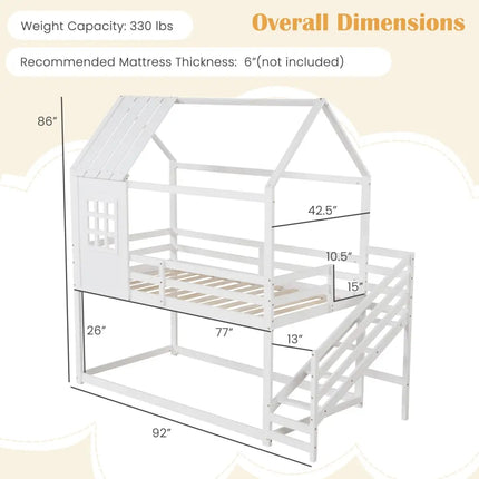 Twin House Bed with Stairs and Roof for Kids-White - White - Bunk Bed Frame
