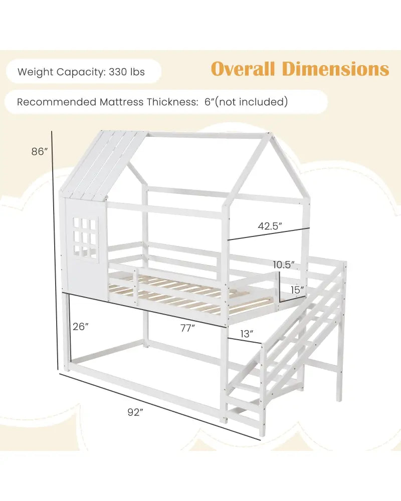 Twin House Bed with Stairs and Roof for Kids-White - White - Bunk Bed Frame
