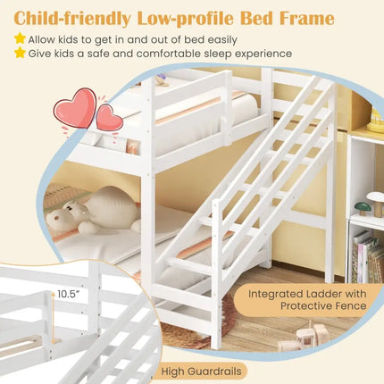 Twin House Bed with Stairs and Roof for Kids-White - White - Bunk Bed Frame