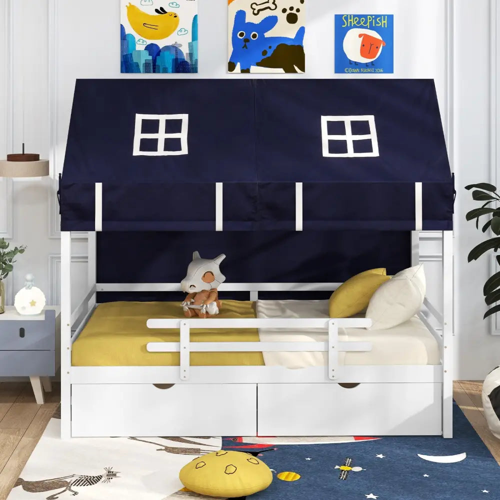 Twin House Bed with Tent and 2 Storage Drawers for Kids-White - White - Toddler Beds