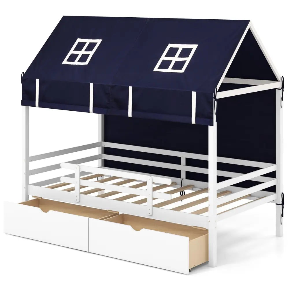 Twin House Bed with Tent and 2 Storage Drawers for Kids-White - White - Toddler Beds