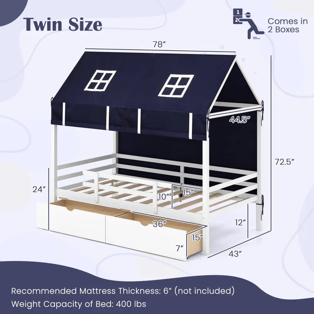 Twin House Bed with Tent and 2 Storage Drawers for Kids-White - White - Toddler Beds