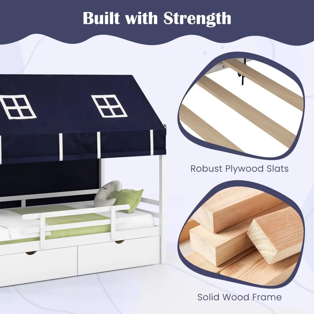 Twin House Bed with Tent and 2 Storage Drawers for Kids-White - White - Toddler Beds