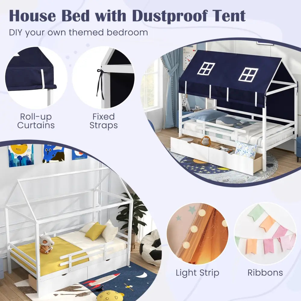 Twin House Bed with Tent and 2 Storage Drawers for Kids-White - White - Toddler Beds