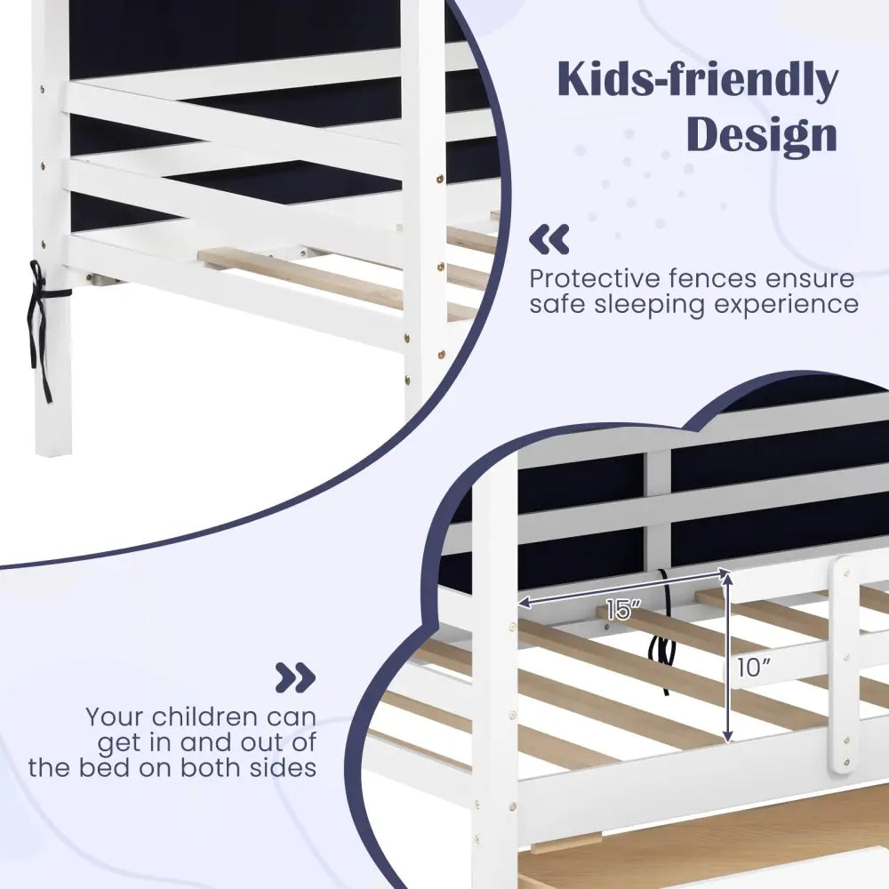 Twin House Bed with Tent and 2 Storage Drawers for Kids-White - White - Toddler Beds