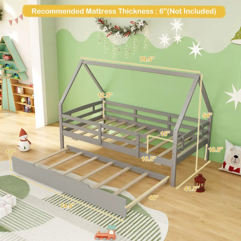 Twin House Bed with Trundle and Fence Rail-Gray - Gray - Trundle Bed Frame