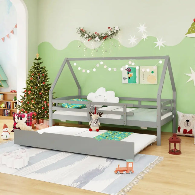 Twin House Bed with Trundle and Fence Rail-Gray - Gray - Trundle Bed Frame
