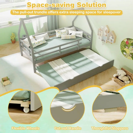 Twin House Bed with Trundle and Fence Rail-Gray - Gray - Trundle Bed Frame