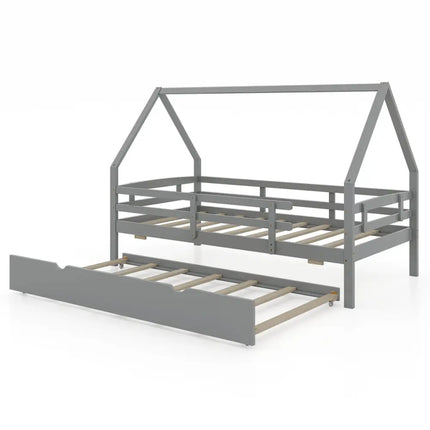 Twin House Bed with Trundle and Fence Rail-Gray - Gray - Trundle Bed Frame