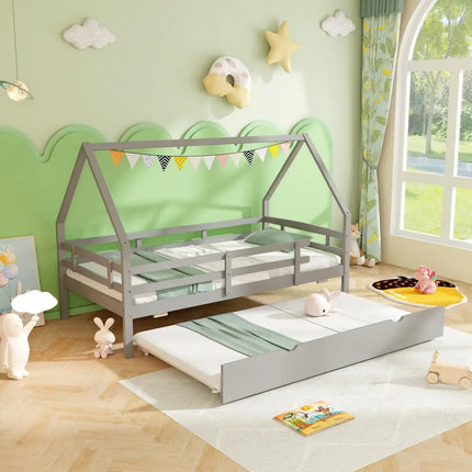 Twin House Bed with Trundle and Fence Rail-Gray - Gray - Trundle Bed Frame