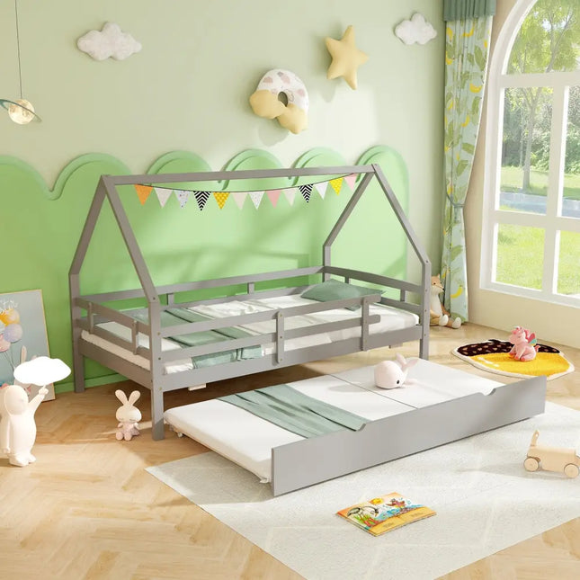 Twin House Bed with Trundle and Fence Rail-Gray - Gray - Trundle Bed Frame