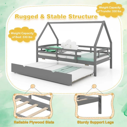 Twin House Bed with Trundle and Fence Rail-Gray - Gray - Trundle Bed Frame