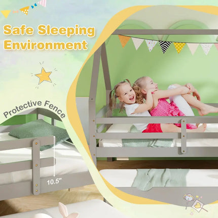 Twin House Bed with Trundle and Fence Rail-Gray - Gray - Trundle Bed Frame