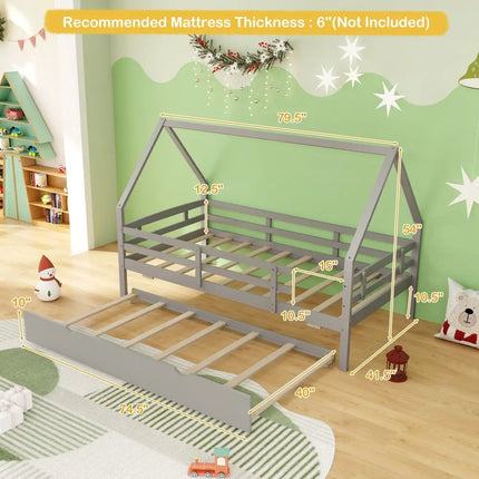 Twin House Bed with Trundle and Fence Rail-Gray - Gray - Trundle Bed Frame