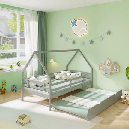 Twin House Bed with Trundle and Fence Rail-Gray - Gray - Trundle Bed Frame