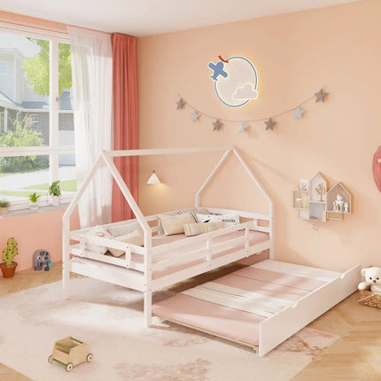 Twin House Bed with Trundle and Fence Rail-White - White - Trundle Bed Frame