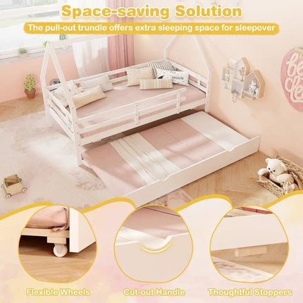 Twin House Bed with Trundle and Fence Rail-White - White - Trundle Bed Frame