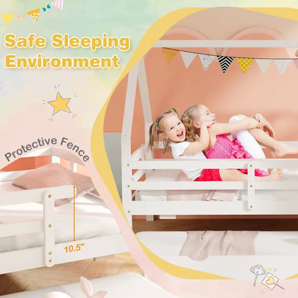 Twin House Bed with Trundle and Fence Rail-White - White - Trundle Bed Frame