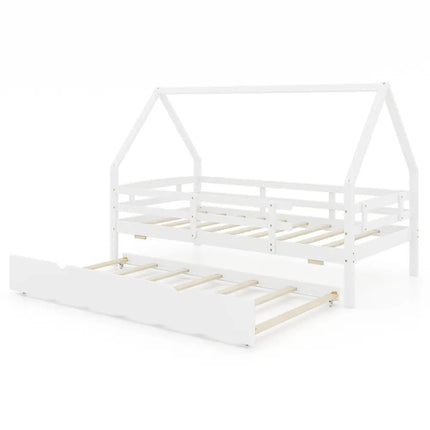 Twin House Bed with Trundle and Fence Rail-White - White - Trundle Bed Frame
