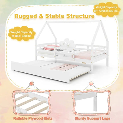 Twin House Bed with Trundle and Fence Rail-White - White - Trundle Bed Frame