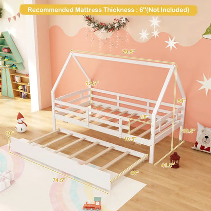 Twin House Bed with Trundle and Fence Rail-White - White - Trundle Bed Frame