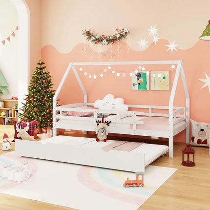 Twin House Bed with Trundle and Fence Rail-White - White - Trundle Bed Frame