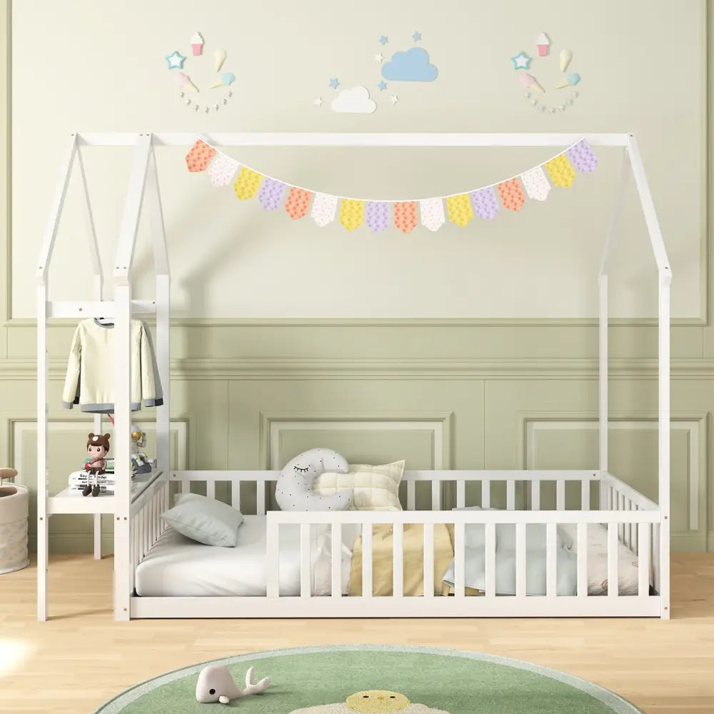 Twin House Floor Bed Montessori Bed Frame with Storage Shelf-White - White - Toddler Beds