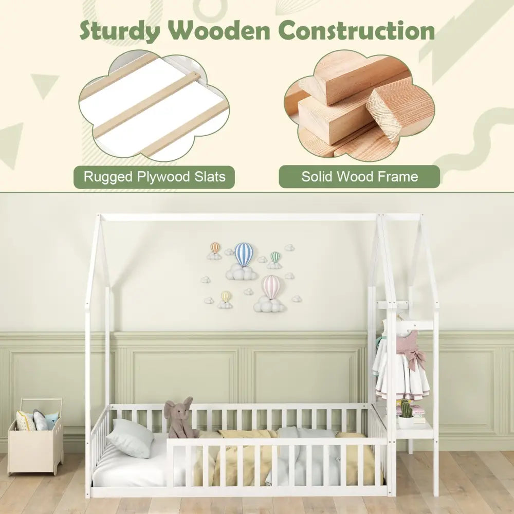 Twin House Floor Bed Montessori Bed Frame with Storage Shelf-White - White - Toddler Beds