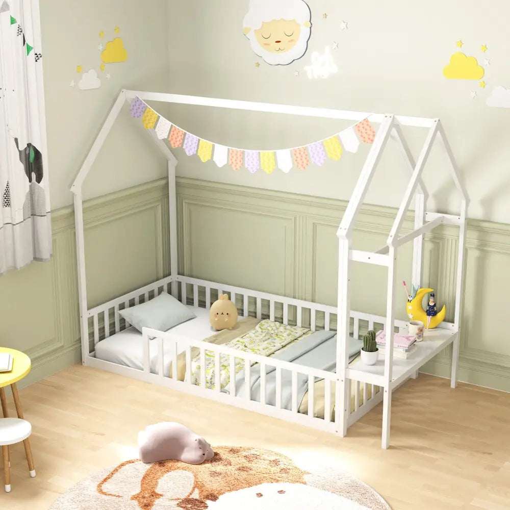 Twin House Floor Bed Montessori Bed Frame with Storage Shelf-White - White - Toddler Beds