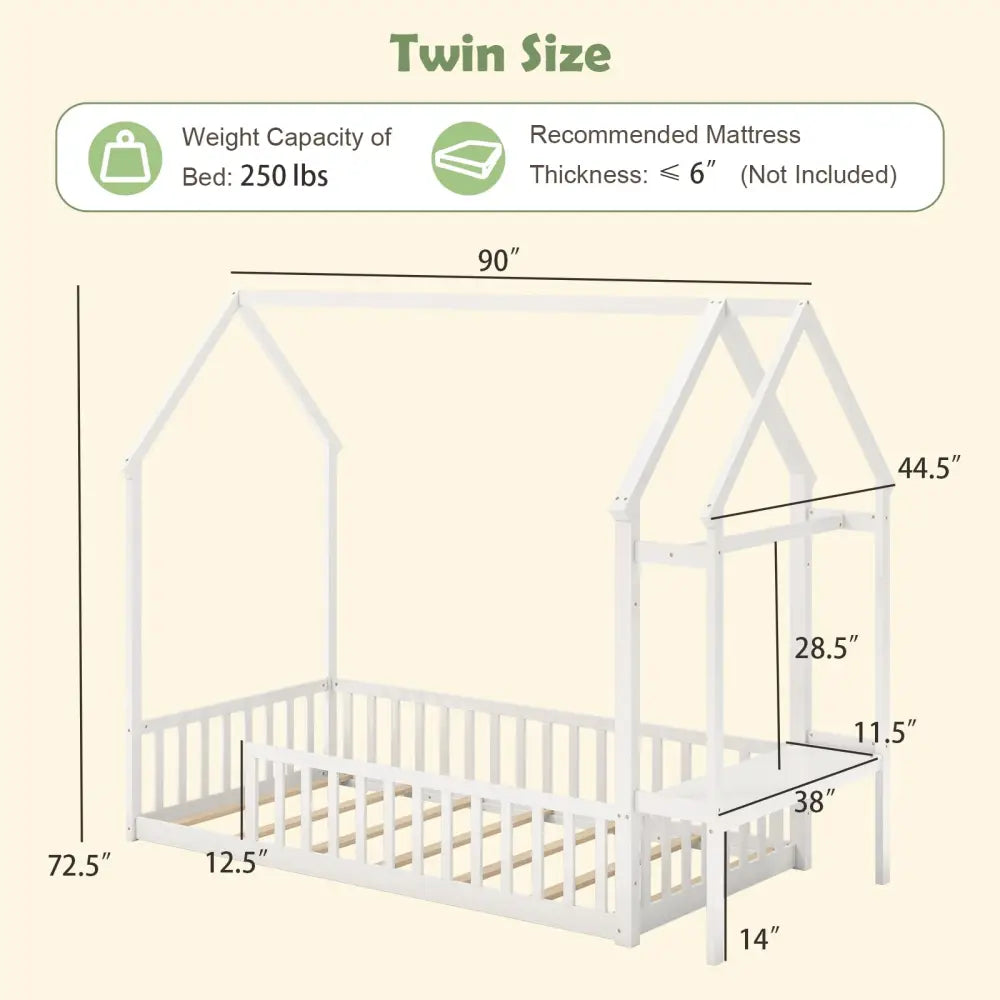 Twin House Floor Bed Montessori Bed Frame with Storage Shelf-White - White - Toddler Beds