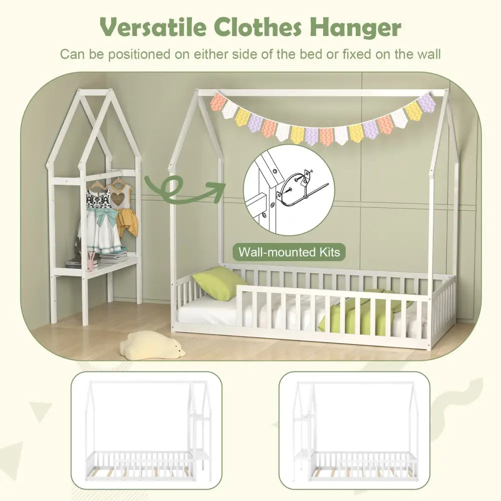 Twin House Floor Bed Montessori Bed Frame with Storage Shelf-White - White - Toddler Beds