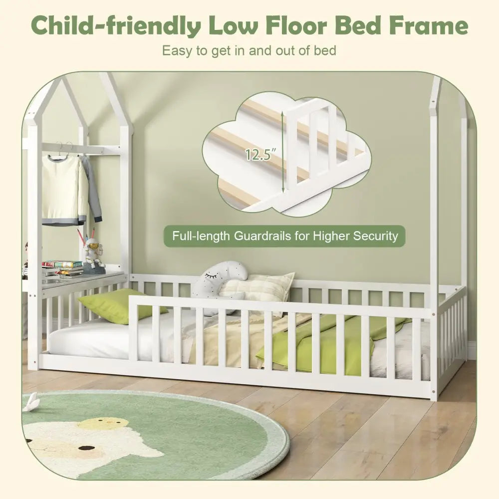 Twin House Floor Bed Montessori Bed Frame with Storage Shelf-White - White - Toddler Beds