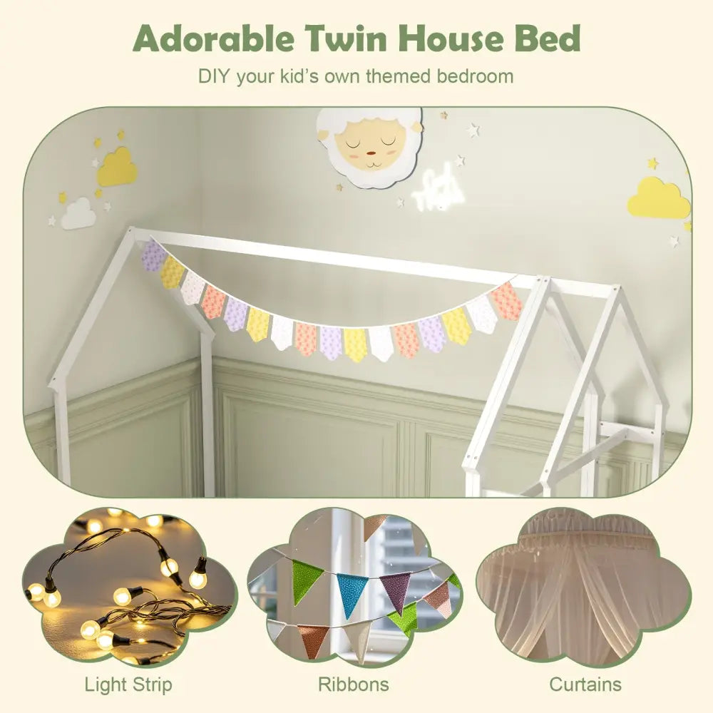 Twin House Floor Bed Montessori Bed Frame with Storage Shelf-White - White - Toddler Beds