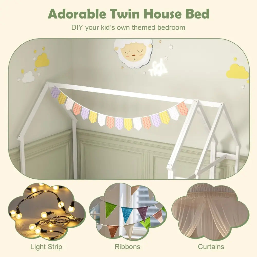 Twin House Floor Bed Montessori Bed Frame with Storage Shelf-White - White - Toddler Beds
