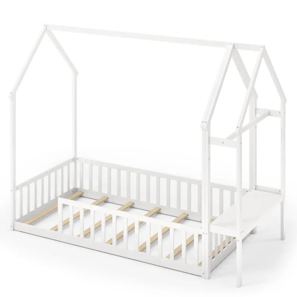 Twin House Floor Bed Montessori Bed Frame with Storage Shelf-White - White - Toddler Beds