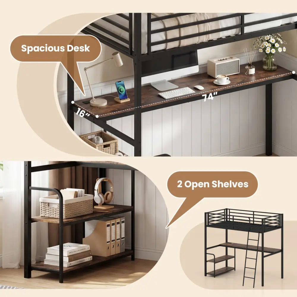 Twin Loft Bed with Desk and Shelves for Kids and Adults-Rustic Brown - Rustic Brown - Bunk Bed Frame