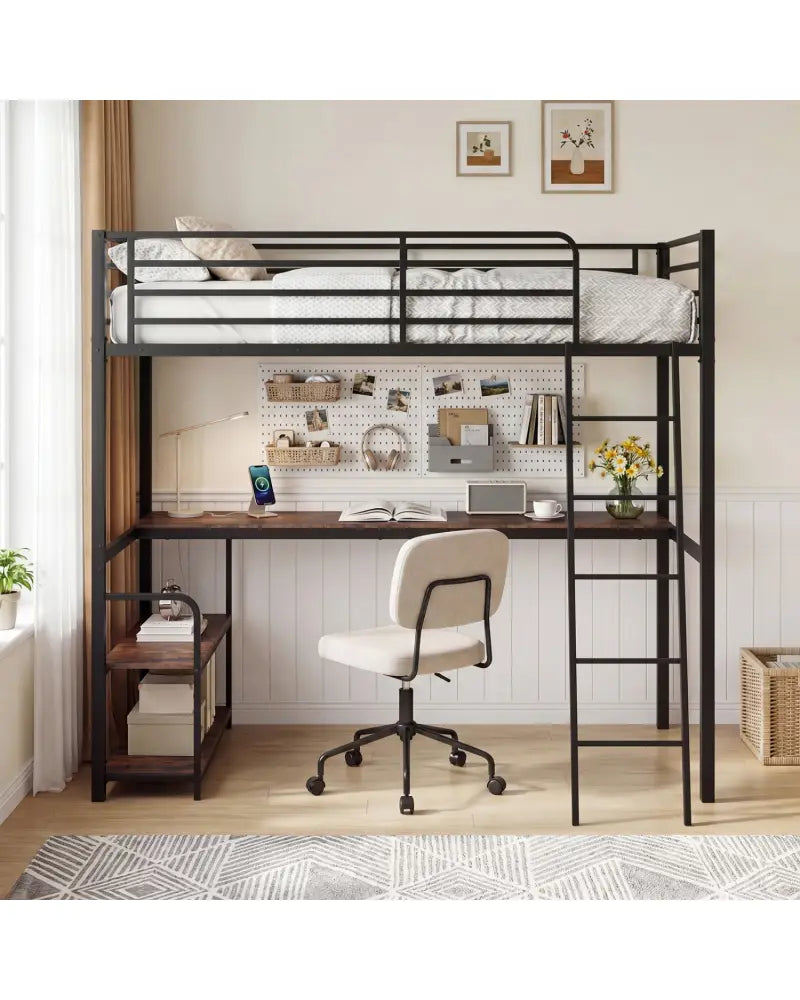 Twin Loft Bed with Desk and Shelves for Kids and Adults-Rustic Brown - Rustic Brown - Bunk Bed Frame