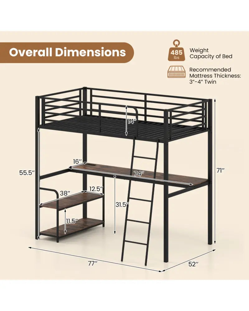 Twin Loft Bed with Desk and Shelves for Kids and Adults-Rustic Brown - Rustic Brown - Bunk Bed Frame