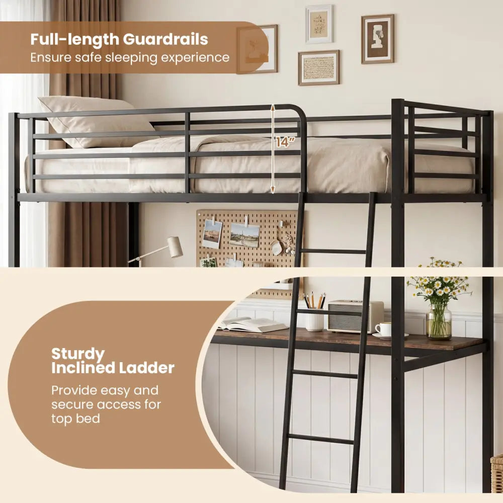 Twin Loft Bed with Desk and Shelves for Kids and Adults-Rustic Brown - Rustic Brown - Bunk Bed Frame