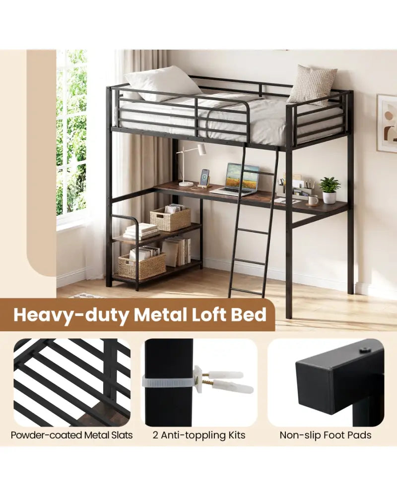 Twin Loft Bed with Desk and Shelves for Kids and Adults-Rustic Brown - Rustic Brown - Bunk Bed Frame
