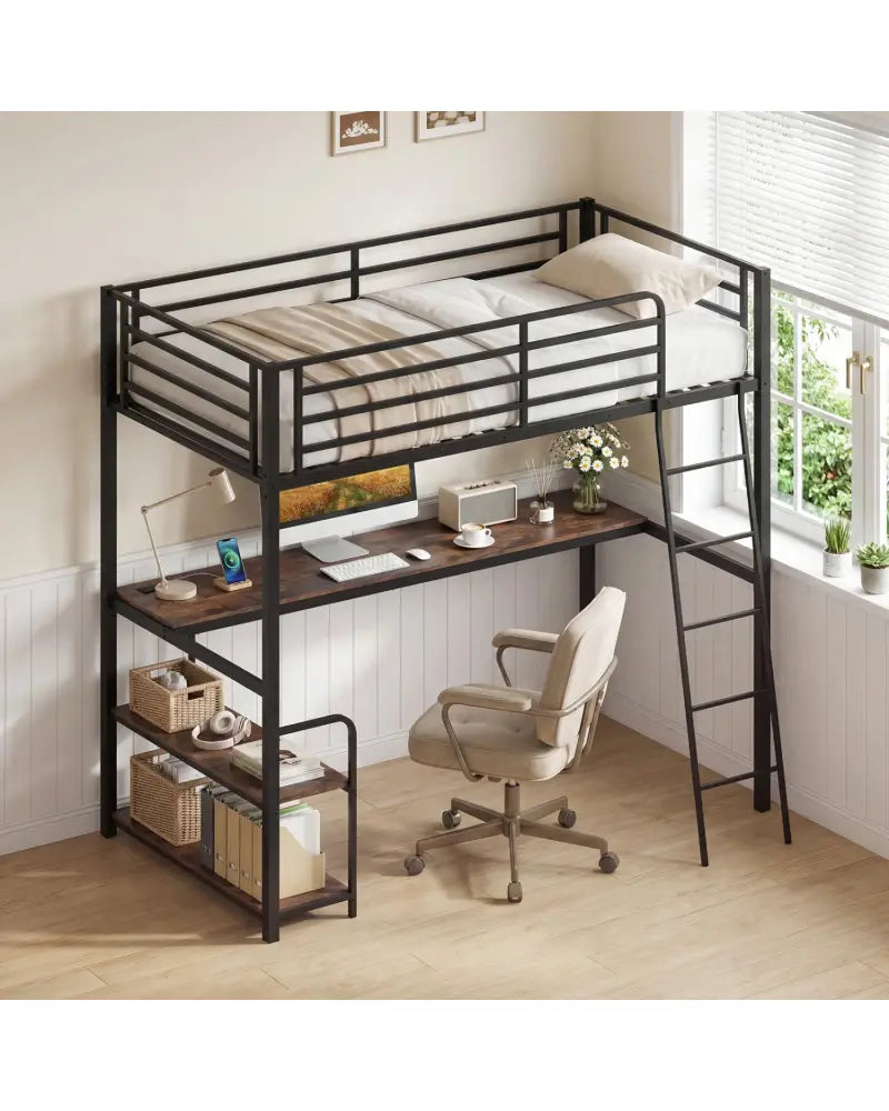 Twin Loft Bed with Desk and Shelves for Kids and Adults-Rustic Brown - Rustic Brown - Bunk Bed Frame