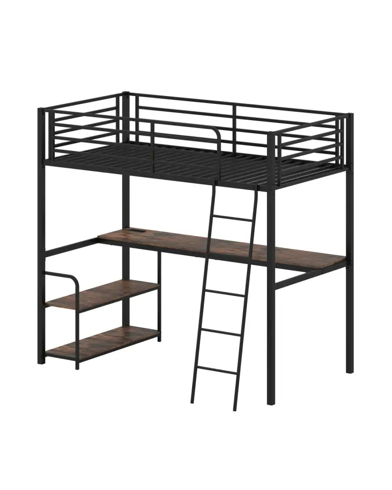 Twin Loft Bed with Desk and Shelves for Kids and Adults-Rustic Brown - Rustic Brown - Bunk Bed Frame