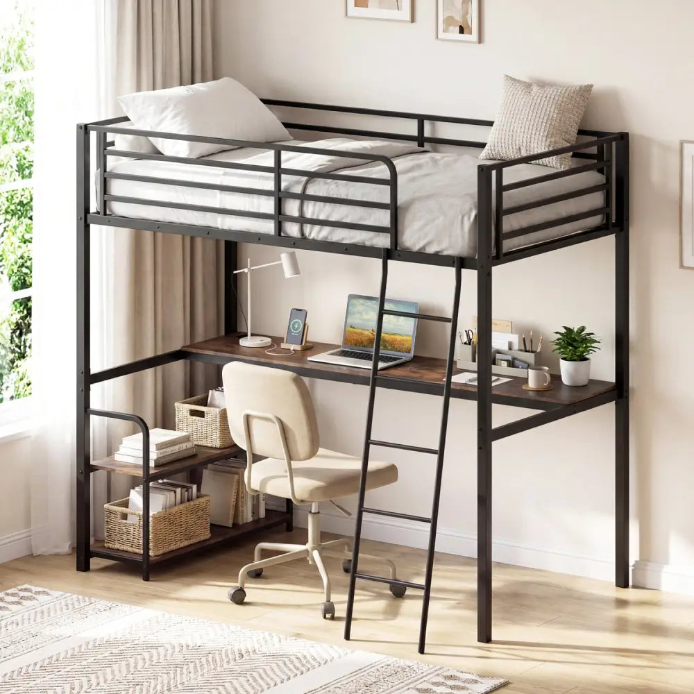 Twin Loft Bed with Desk and Shelves for Kids and Adults-Rustic Brown - Rustic Brown - Bunk Bed Frame