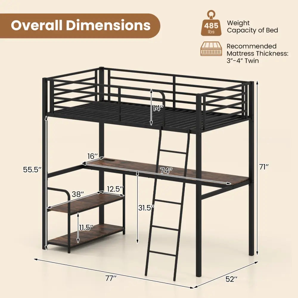 Twin Loft Bed with Desk and Shelves for Kids and Adults-Rustic Brown - Rustic Brown - Bunk Bed Frame
