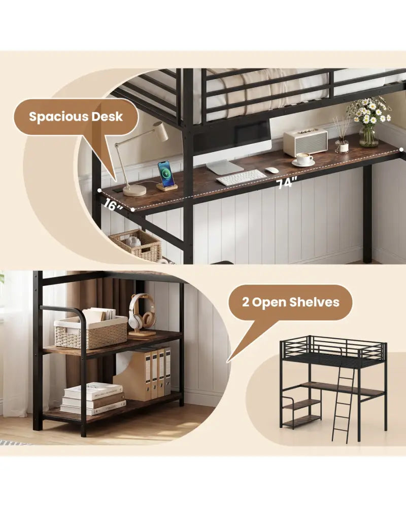 Twin Loft Bed with Desk and Shelves for Kids and Adults-Rustic Brown - Rustic Brown - Bunk Bed Frame