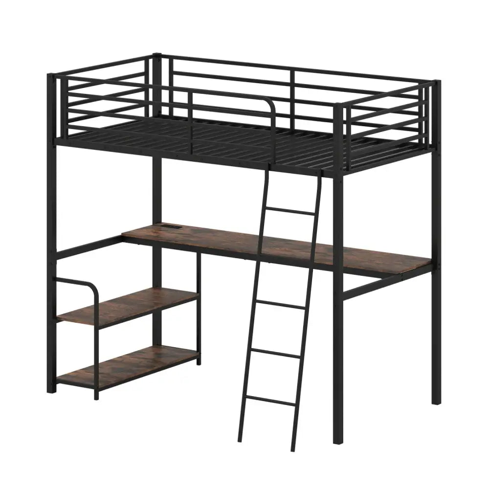 Twin Loft Bed with Desk and Shelves for Kids and Adults-Rustic Brown - Rustic Brown - Bunk Bed Frame