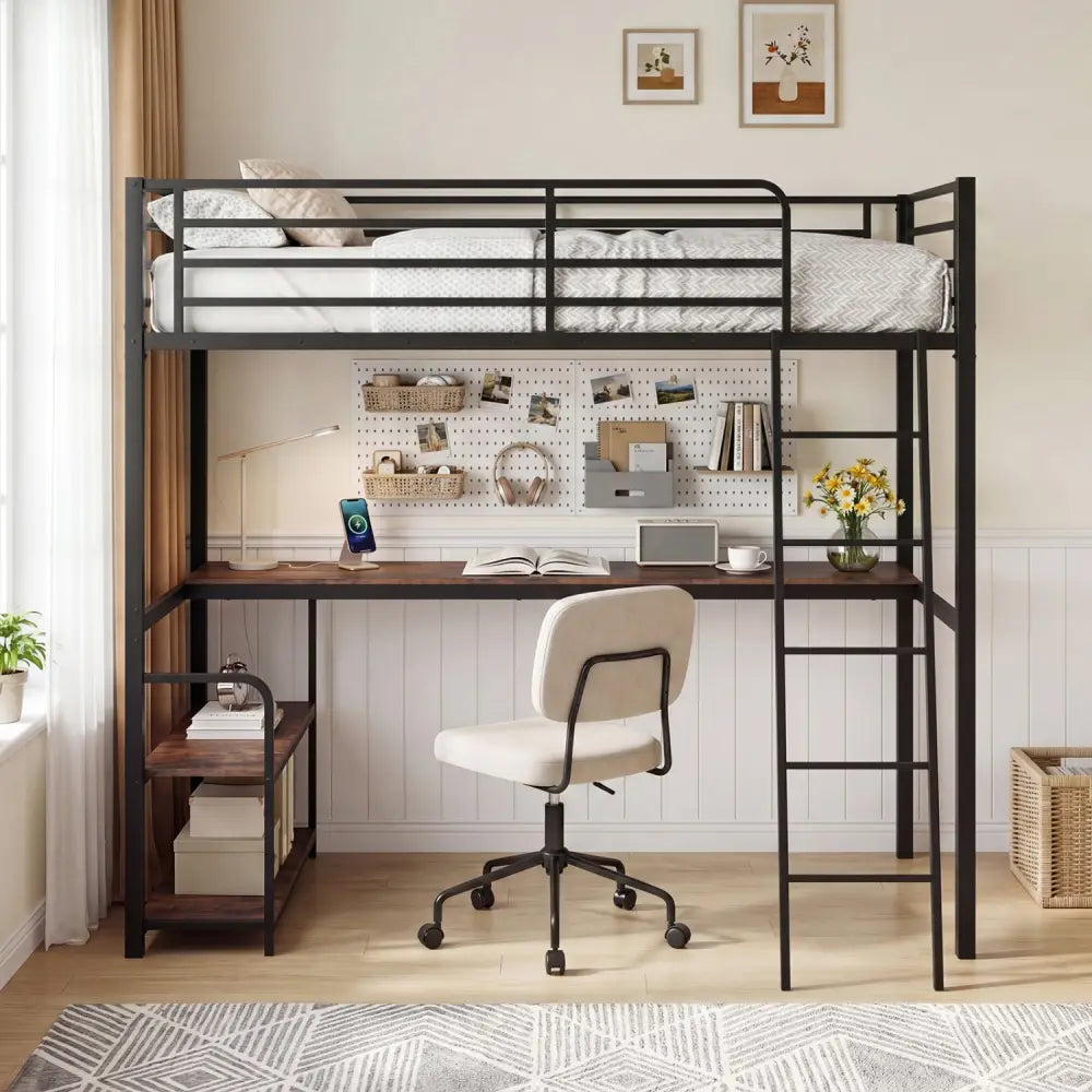Twin Loft Bed with Desk and Shelves for Kids and Adults-Rustic Brown - Rustic Brown - Bunk Bed Frame