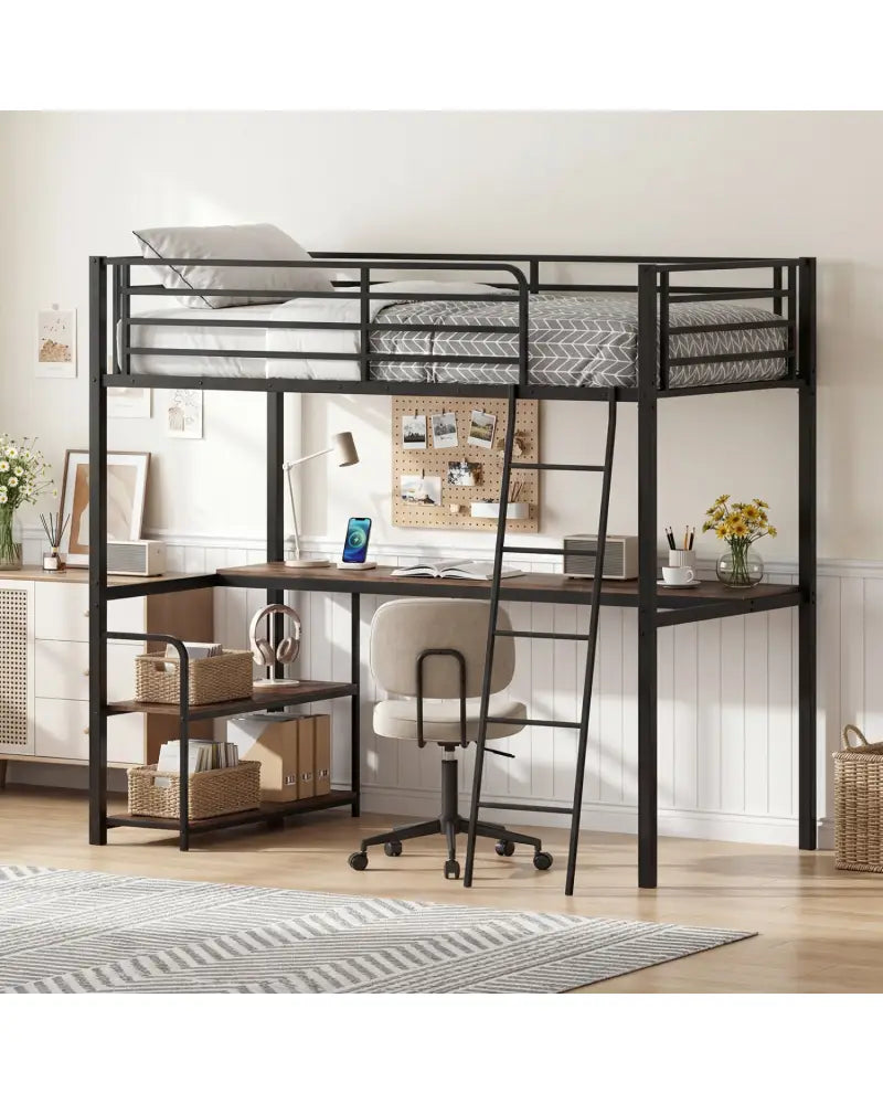 Twin Loft Bed with Desk and Shelves for Kids and Adults-Rustic Brown - Rustic Brown - Bunk Bed Frame