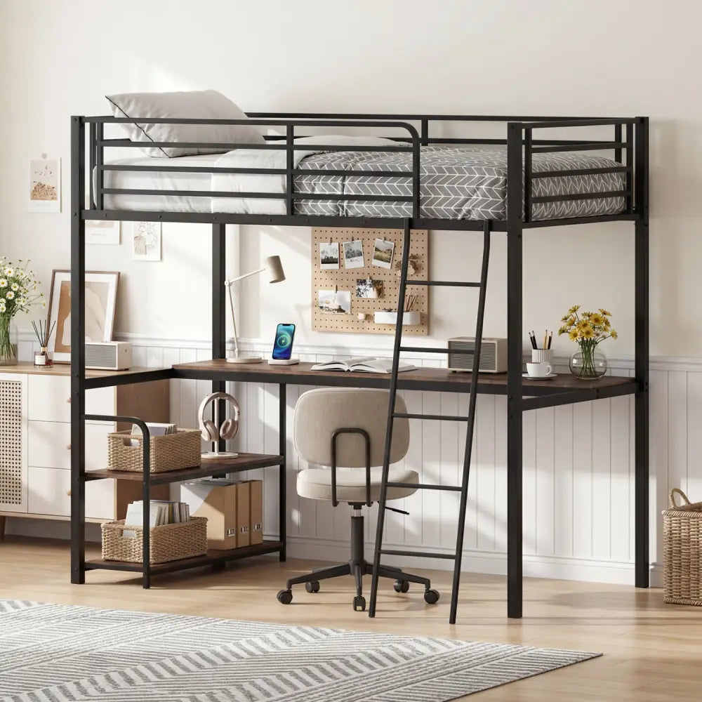 Twin Loft Bed with Desk and Shelves for Kids and Adults-Rustic Brown - Rustic Brown - Bunk Bed Frame