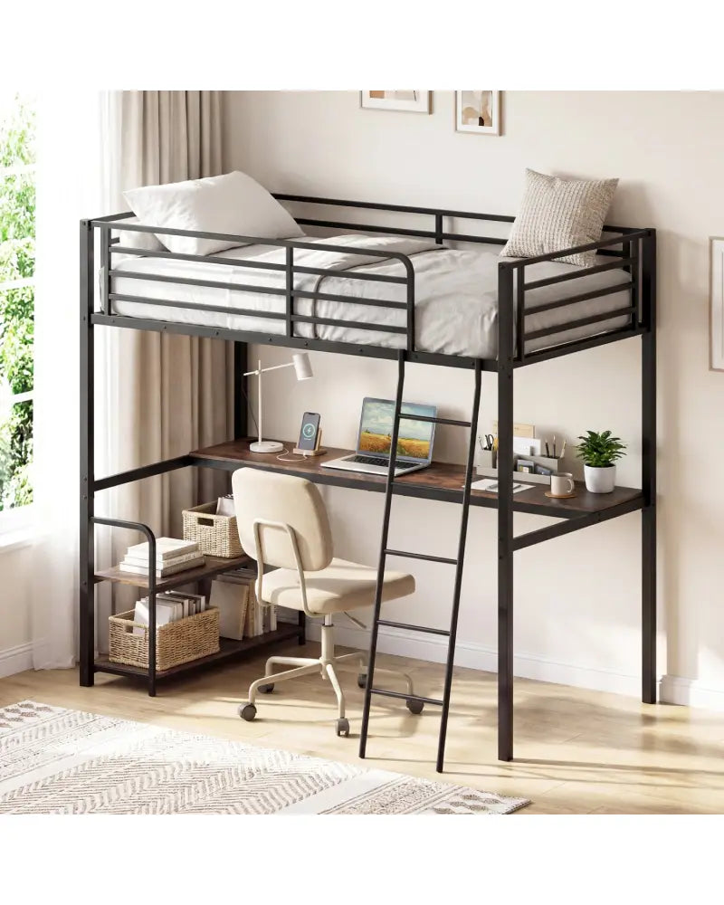 Twin Loft Bed with Desk and Shelves for Kids and Adults-Rustic Brown - Rustic Brown - Bunk Bed Frame